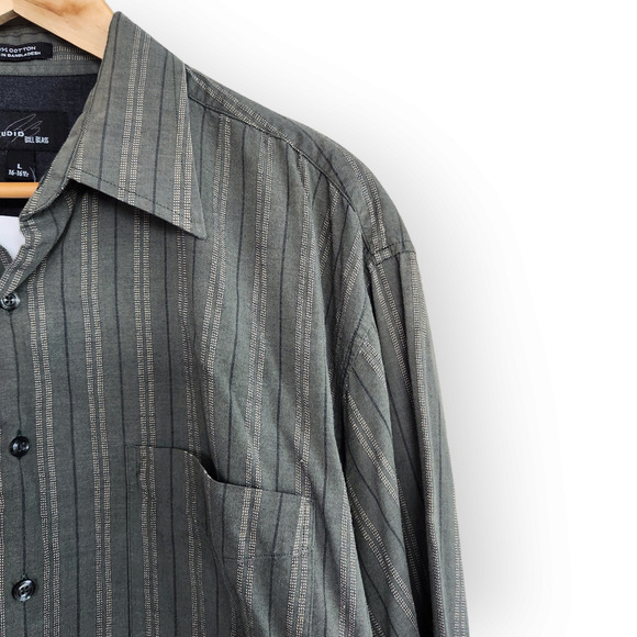 Vintage Bill Blass Green Striped Button Down Shirt Cotton L - Picture 2 of 8